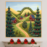 Festive Folk Art Christmas Scene with Red Houses, Rolling Hills, and Decorated Trees Under a Peaceful Winter Sky on Ready to Hang 1.5" Thick Canvas Wrap, Floating Framed Canvas, Flat Rolled Canvas